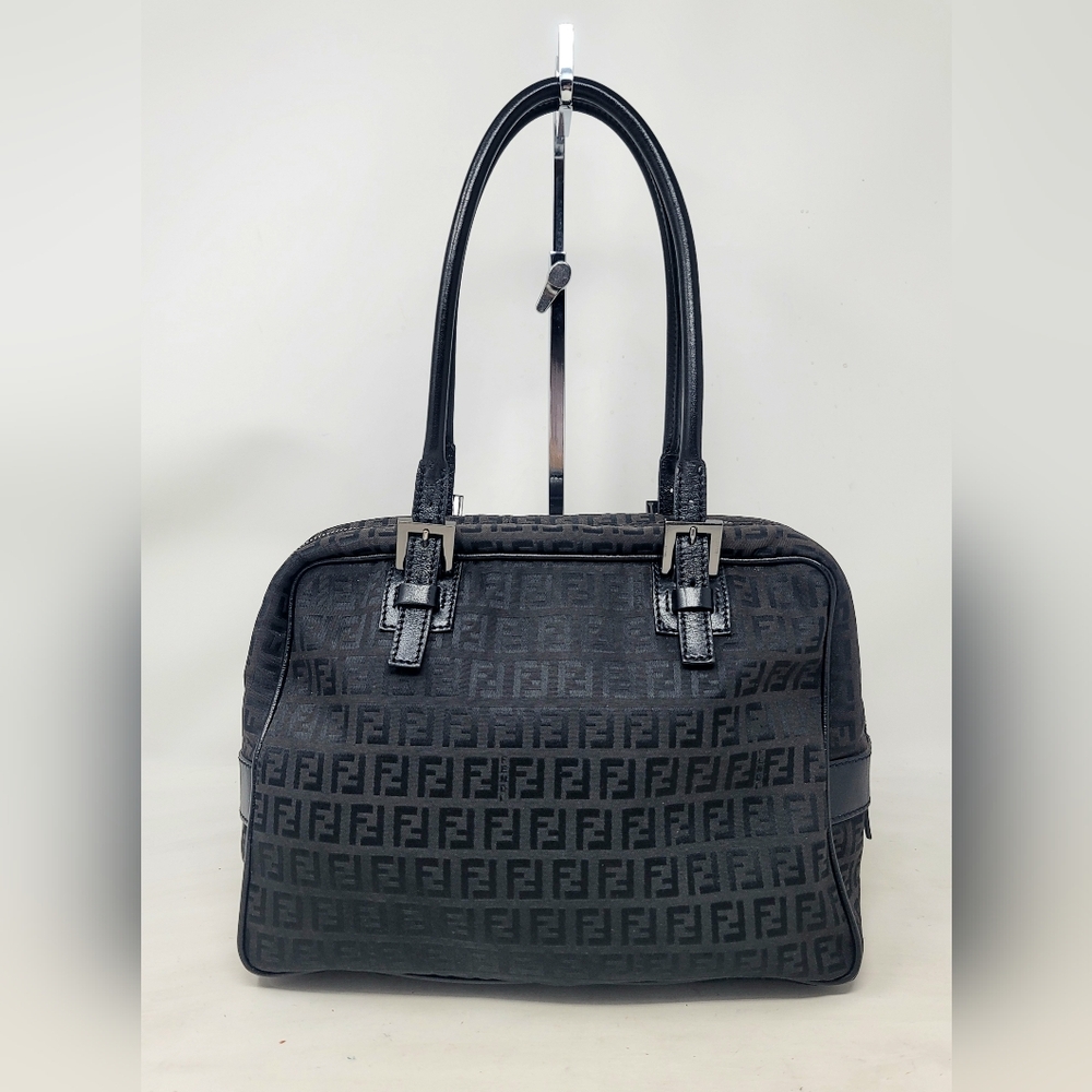 Fendi Zuccino Black FF Canvas Leather Medium Shoulder Tote Hand Bag Authentic